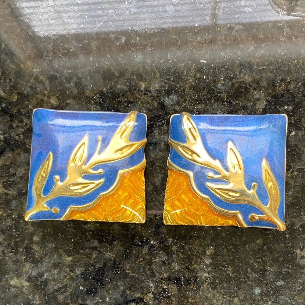 Vintage Berebi Blue and Gold Decorative Square clip on earrings